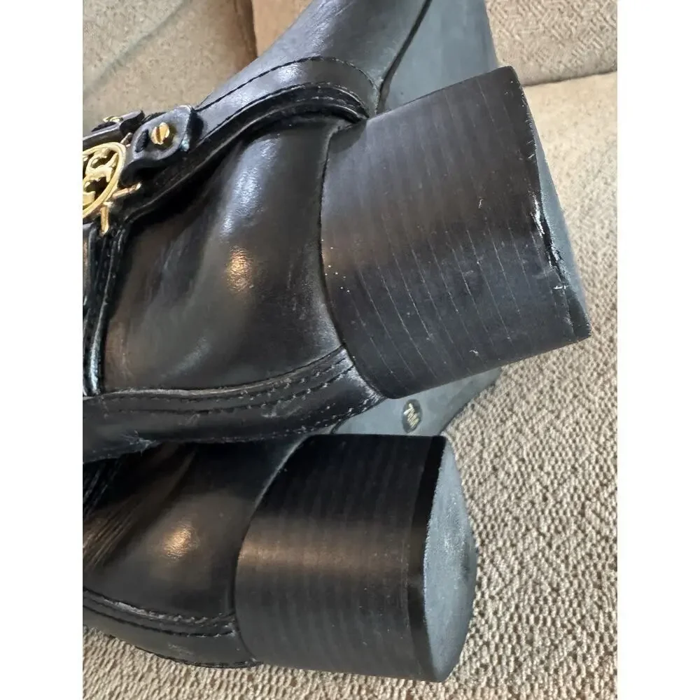 Tory Burch Donavan Riding Boots Black Leather Gold Logo Harness Knee High 7.5 - Picture 14 of 16